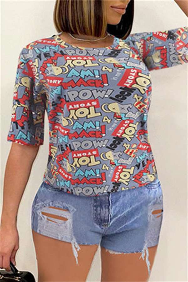 Purple Fashion Casual Print Basic O Neck T-Shirts