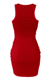Red Sexy Solid Draw String V Neck Pencil Skirt Dresses