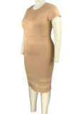 Khaki Casual Elegant Solid Split Joint O Neck One Step Skirt Plus Size Dresses