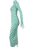 Green Fashion Casual Plaid Print Basic Turtleneck Long Sleeve Dresses