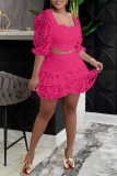 Pink Fashion Sexy Solid Patchwork Backless Square Collar Half Sleeve Two Pieces