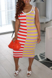 Rose Red Casual Striped Print Split Joint U Neck One Step Skirt Dresses