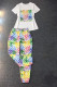 Fluorescent Green Fashion Casual Print Patchwork O Neck Short Sleeve Two Pieces