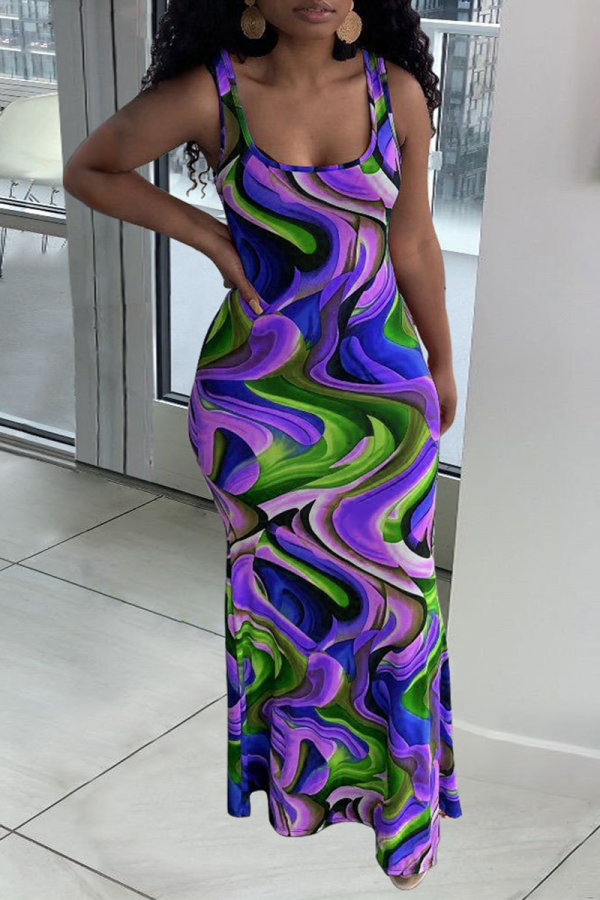 Purple Sexy Print Patchwork Square Collar Pencil Skirt Dresses