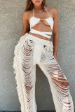 Coffee Sexy Solid Tassel Hollowed Out Patchwork Straight High Waist Straight Solid Color Bottoms