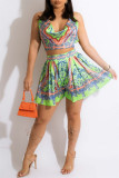 Green Fashion Print Backless Strap Design Halter Sleeveless Two Pieces