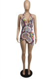 Multicolor Fashion Sexy Print Backless Asymmetrical Halter Sleeveless Dress