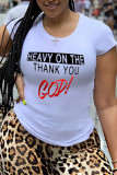 White Fashion Casual Print Patchwork Letter O Neck T-Shirts