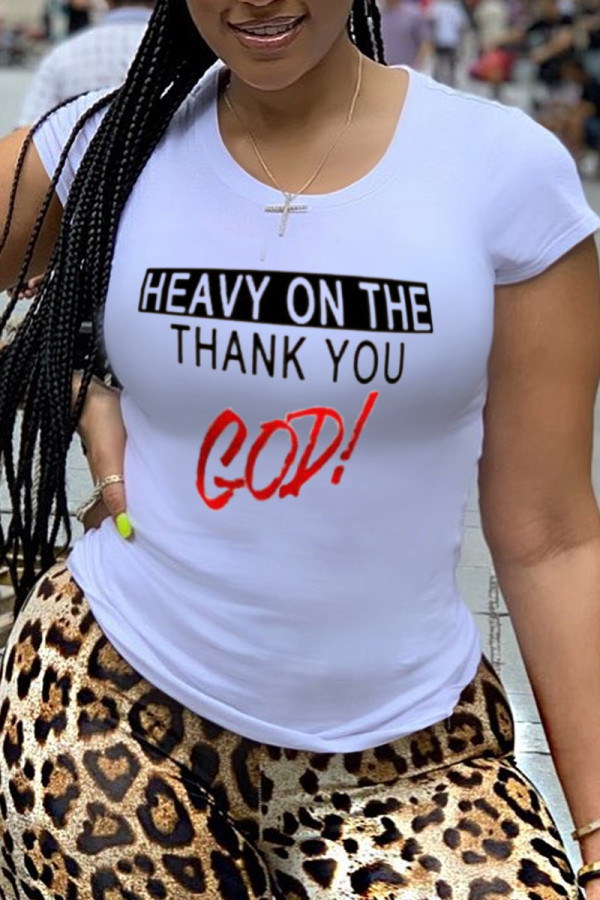 White Fashion Casual Print Patchwork Letter O Neck T-Shirts