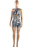 Black Sexy Print Bandage Hollowed Out Split Joint Asymmetrical Halter Sleeveless Two Pieces