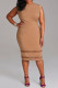 Khaki Casual Elegant Solid Split Joint O Neck One Step Skirt Plus Size Dresses