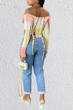 Pink Sexy Print Patchwork Off the Shoulder Tops
