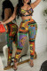 Colour Mixed Printing Corset Top & Skinny Pants Set  Two Pieces
