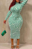 Green Fashion Casual Plaid Print Basic Turtleneck Long Sleeve Dresses