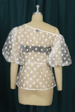 White Fashion Sexy Dot See-through Zipper Collar Tops