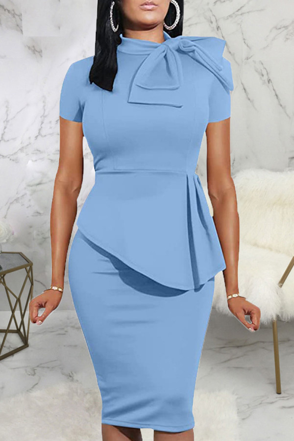 Light Blue Casual Solid Patchwork Asymmetrical With Bow O Neck One Step Skirt Dresses