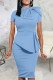 Light Blue Casual Solid Patchwork Asymmetrical With Bow O Neck One Step Skirt Dresses