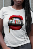 White Fashion Street Lips Printed Patchwork O Neck T-Shirts