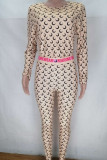 Rose Red Casual Print Patchwork O Neck Long Sleeve Two Pieces