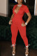 Red Casual Solid Patchwork Zipper Collar Regular Jumpsuits