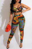 Colour Mixed Printing Corset Top & Skinny Pants Set  Two Pieces