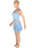 Blue Sexy Solid Patchwork Backless Fold Halter Sleeveless Two Pieces