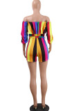 Rainbow Color Casual Print Patchwork Off the Shoulder Straight Rompers