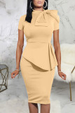 Khaki Casual Solid Patchwork Asymmetrical With Bow O Neck One Step Skirt Dresses