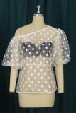 White Fashion Sexy Dot See-through Zipper Collar Tops