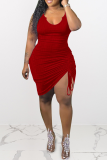 Tangerine Red Sexy Solid Draw String V Neck Pencil Skirt Dresses