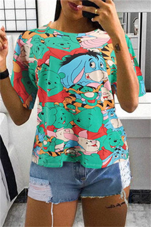 Green Fashion Casual Print Basic O Neck T-Shirts