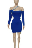 Blue Sexy Solid Hollowed Out Split Joint Asymmetrical Asymmetrical Collar Dresses