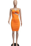 Tangerine Red Sexy Print Hollowed Out Split Joint Spaghetti Strap One Step Skirt Dresses