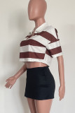 Coffee Casual Striped Print Patchwork Turndown Collar T-Shirts