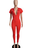 Red Casual Solid Patchwork Zipper Collar Regular Jumpsuits