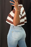 Coffee Casual Striped Print Patchwork Turndown Collar T-Shirts