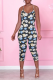 Tibetan Blue Sexy Print Patchwork Spaghetti Strap Skinny Jumpsuits