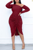 Black Fashion Sexy Solid Split Joint Draw String Oblique Collar Long Sleeve Dresses
