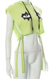 Green Fashion Casual Print Bandage Hooded Collar Tops