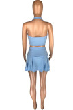 Blue Sexy Solid Patchwork Backless Fold Halter Sleeveless Two Pieces