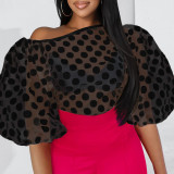 White Fashion Sexy Dot See-through Zipper Collar Tops
