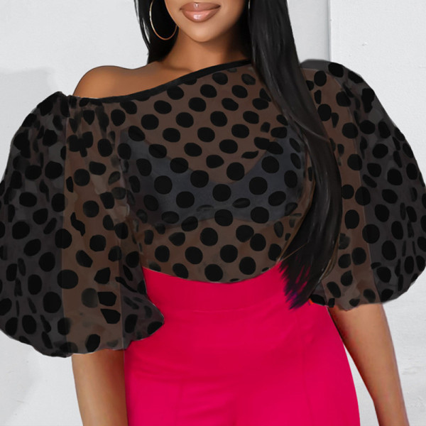Black Fashion Sexy Dot See-through Zipper Collar Tops