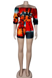Red Orange Casual Print Patchwork Off the Shoulder Straight Rompers