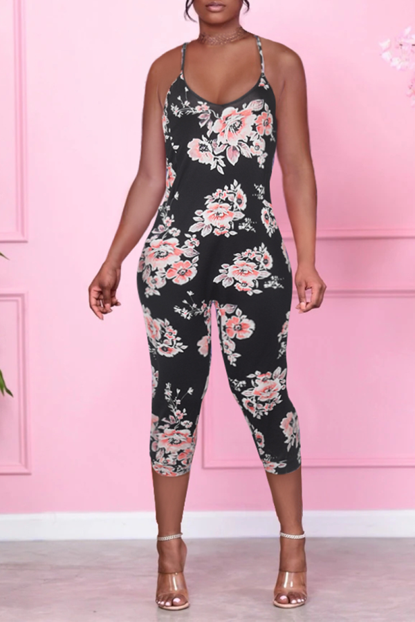 Black Pink Sexy Print Patchwork Spaghetti Strap Skinny Jumpsuits
