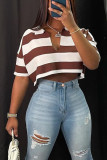 Coffee Casual Striped Print Patchwork Turndown Collar T-Shirts