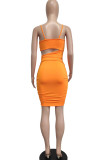 Tangerine Red Sexy Print Hollowed Out Split Joint Spaghetti Strap One Step Skirt Dresses