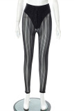 Black Fashion Sexy Patchwork Hollowed Out See-through Skinny High Waist Pencil Trousers