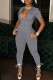 Grey Casual Solid Patchwork Zipper Collar Regular Jumpsuits