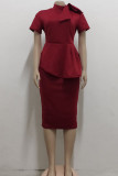 Red Casual Solid Patchwork Asymmetrical With Bow O Neck One Step Skirt Dresses