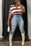 Coffee Casual Striped Print Patchwork Turndown Collar T-Shirts